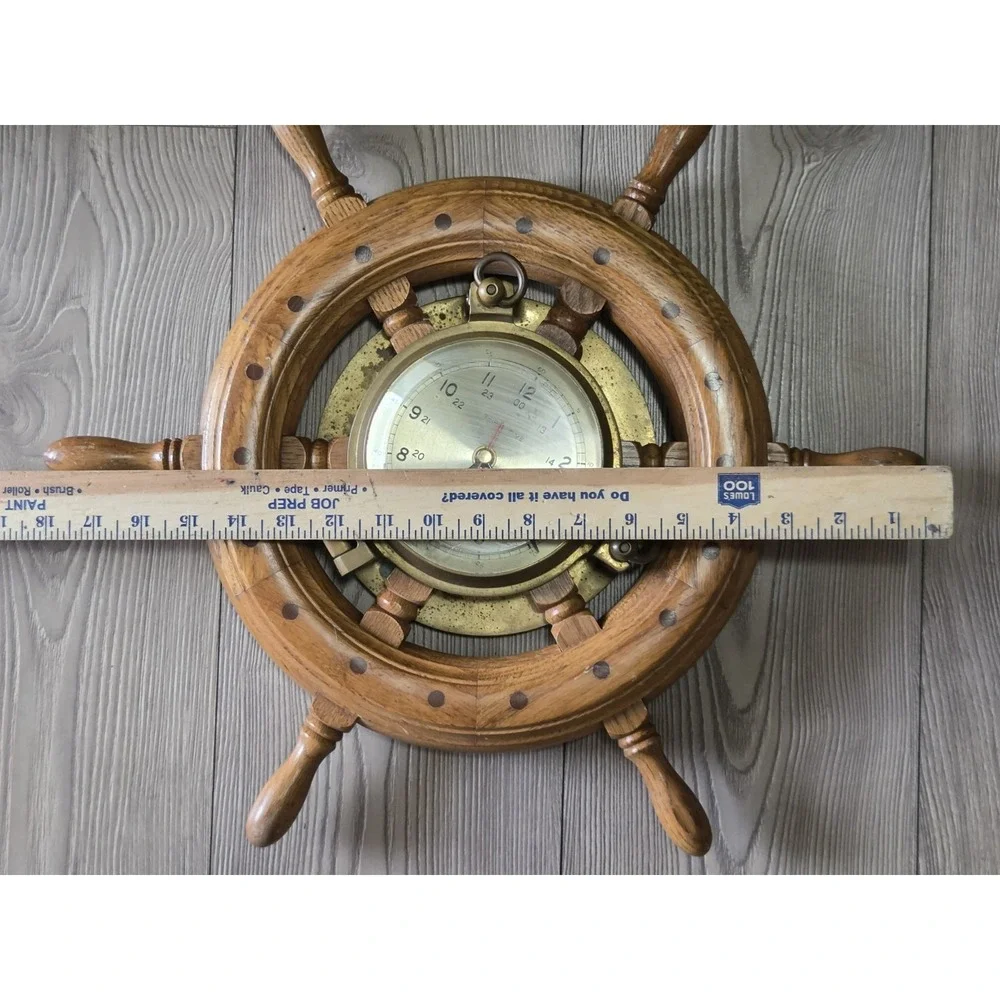 Vintage Brass & Wood Clock Ship's Time Walnut Wheel 18